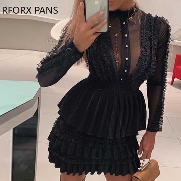 party dresses mock neck sheer mesh insert ruffles buttoned dress j230417, White;black
party dresses mock neck sheer mesh insert ruffles buttoned dress j230417, White;black