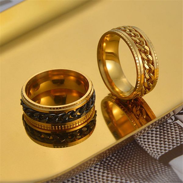 punk hiphop jewelry mens ring designer stainless steel fashion rotatable cuban link chain blue black silver 18k gold ring for man party gift, Golden;silver
punk hiphop jewelry mens ring designer stainless steel fashion rotatable cuban link chain blue black silver 18k gold ring for man party gift, Golden;silver