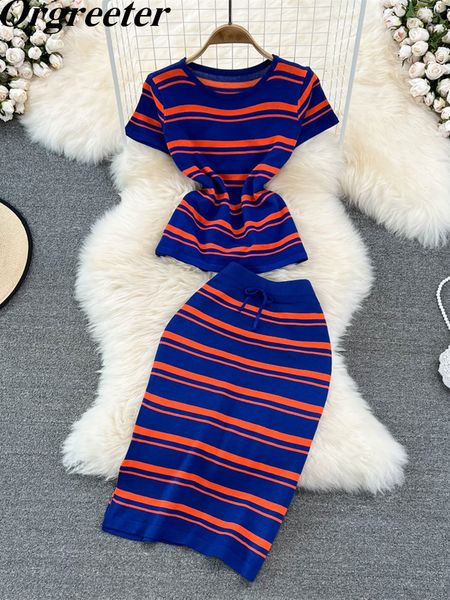 two piece dress summer striped knitted two piece set women o-neck short sleeve thin pullover sweater tshirt drawstring mid skirt suits 23042, White
two piece dress summer striped knitted two piece set women o-neck short sleeve thin pullover sweater tshirt drawstring mid skirt suits 23042, White