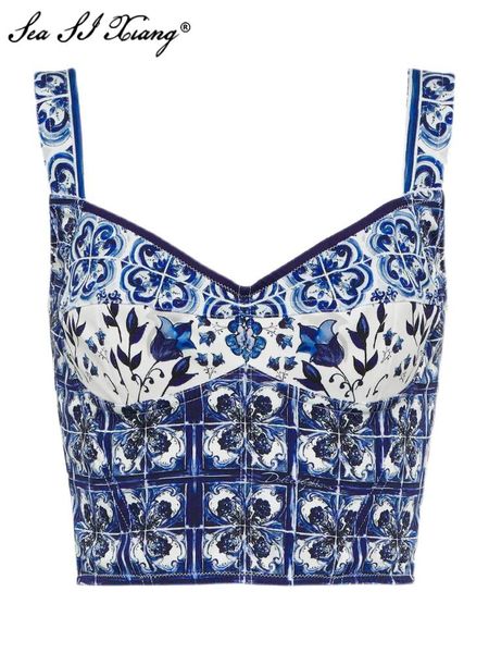 t-shirt seasixiang fashion designer summer women backless blue and white porcelain print short cotton camis
t-shirt seasixiang fashion designer summer women backless blue and white porcelain print short cotton camis