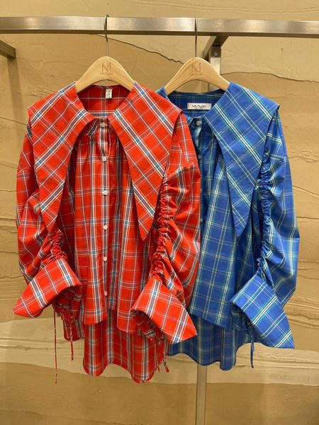 polos plaid shirt women 2021 spring and autumn new loose midlength drawstring longsleeved doll collar shirt, White