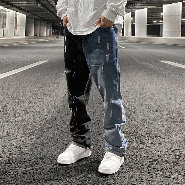 men's jeans color block hole washed high street jeans for men straight retro frayed casual denim pants harajuku baggy oversize trousers, Blue
men's jeans color block hole washed high street jeans for men straight retro frayed casual denim pants harajuku baggy oversize trousers, Blue