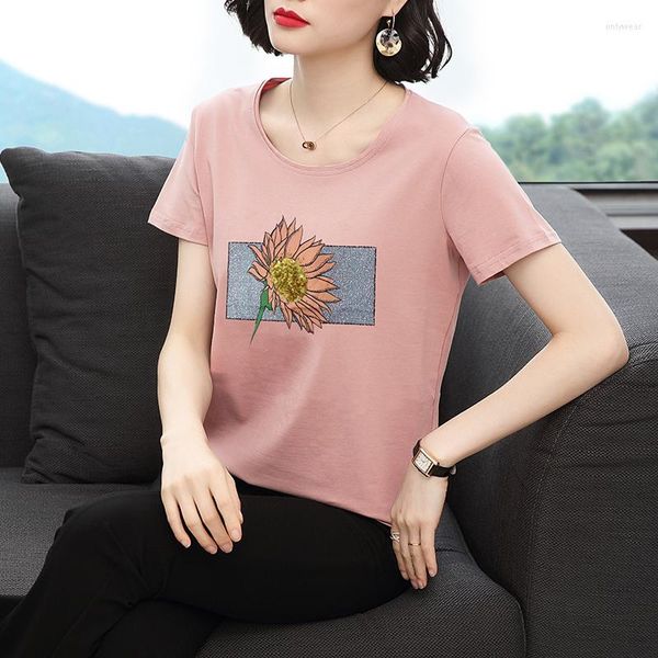 Women's Blouses O Neck Short Sleeve Pink T-shirt Women Summer Sequined Tops
