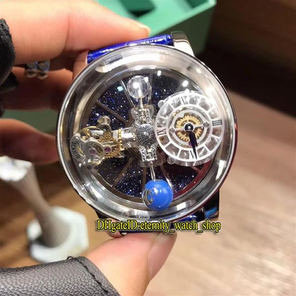 

static version epic x chrono cr7 astronomical tourbillon skeleton aventurine dial swiss quartz mens watch silvery case blue strap 308u, Slivery;brown