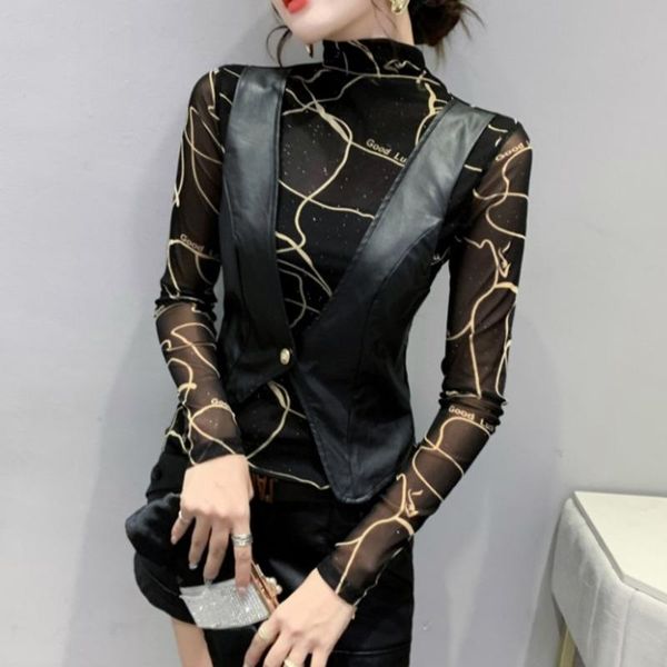 t-shirt #9053 false two piece t shirt women spliced mesh sleeved turtleneck women's tshirt faux leather tshirt femme korean fashion, White
t-shirt #9053 false two piece t shirt women spliced mesh sleeved turtleneck women's tshirt faux leather tshirt femme korean fashion, White