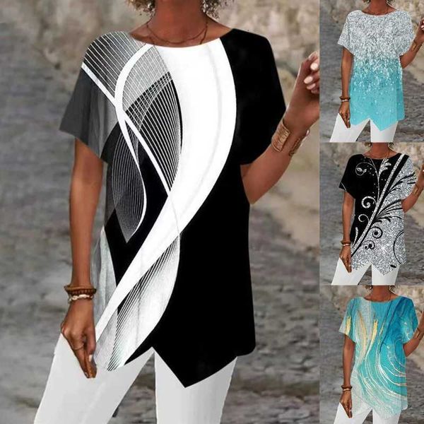 summer new 2023 geometric print loose short sleeve irregular hem t-shirt blouse woman, White
summer new 2023 geometric print loose short sleeve irregular hem t-shirt blouse woman, White