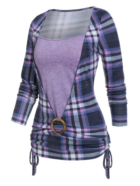 t-shirt plaid print cinched oring faux twinset tshirt women long sleeve combo tee casual top, White
t-shirt plaid print cinched oring faux twinset tshirt women long sleeve combo tee casual top, White