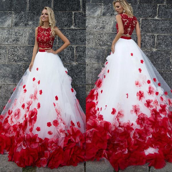 handmade flowers bohemian wedding dress two pieces long beach bridal gowns lace 3d floral appliques a line bride wear sleeveless summer swee, White