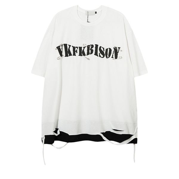 men's t-shirts american fashion label cut and torn hole pin decoration short sleeved t-shirt for men and women couples top, White;black
men's t-shirts american fashion label cut and torn hole pin decoration short sleeved t-shirt for men and women couples top, White;black