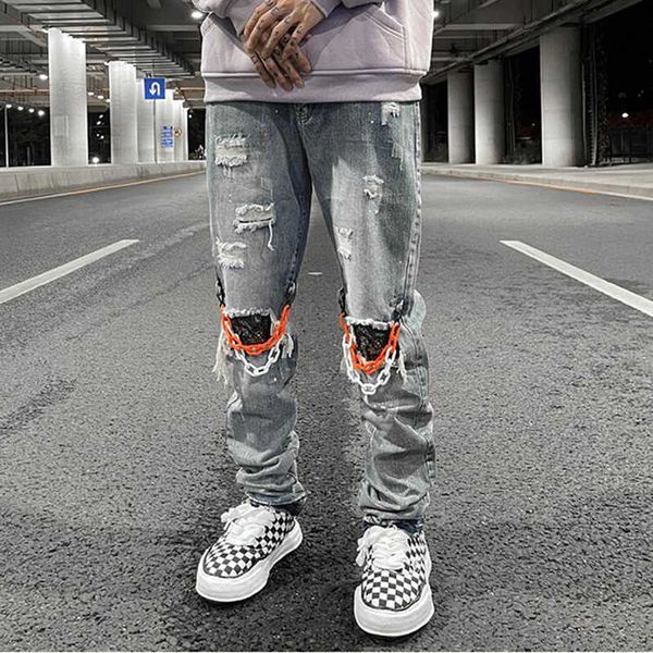 men's pants knee chain decorate hole ripped washed blue jeans pants mens vibe style straight retro oversize casual denim trousers stree, Black
men's pants knee chain decorate hole ripped washed blue jeans pants mens vibe style straight retro oversize casual denim trousers stree, Black