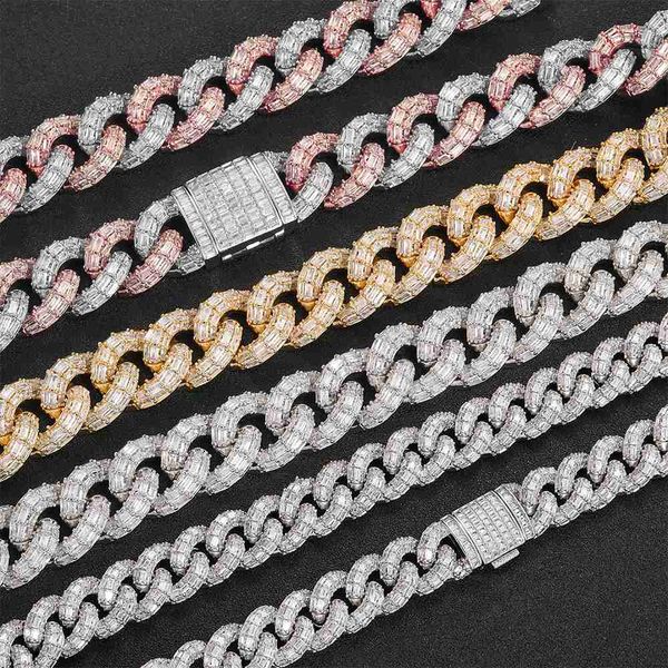 nuoay 21mm iced out cuban link chain necklace hip hop baguette diamond cuban chain, Silver