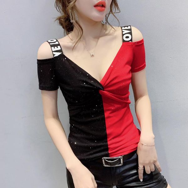 t-shirt #5911 summer mesh wrap tight t shirt women deep vneck spliced color slim short off shoulder tshirts women korean style, White
t-shirt #5911 summer mesh wrap tight t shirt women deep vneck spliced color slim short off shoulder tshirts women korean style, White