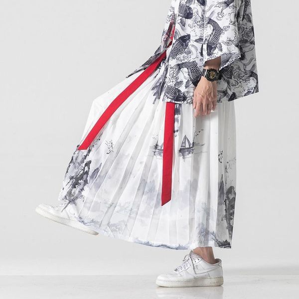 pants japanese street fashion pleated culottes men's landscape print wide leg pants men's belt loose hakama hanfu pants jogging pa, Black
pants japanese street fashion pleated culottes men's landscape print wide leg pants men's belt loose hakama hanfu pants jogging pa, Black