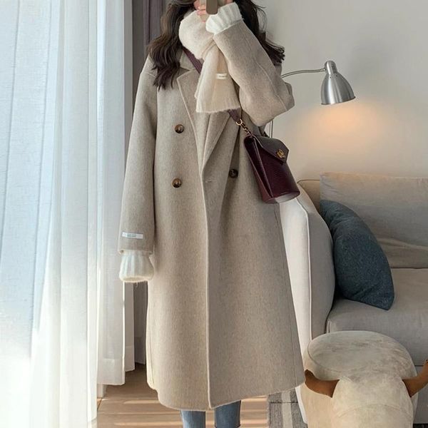 fur autumn winter korean women solid long woolen coat warm thick elegant double breasted loose casual wool coat female overcoat, Black
fur autumn winter korean women solid long woolen coat warm thick elegant double breasted loose casual wool coat female overcoat, Black