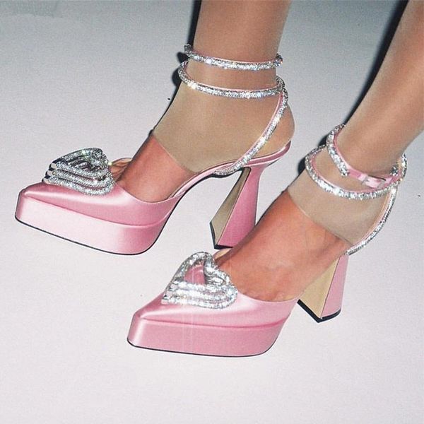 satin pink bridal wedding platform sandals crystal heart embellished high heels women ankle strap formal dress shoes women, Black