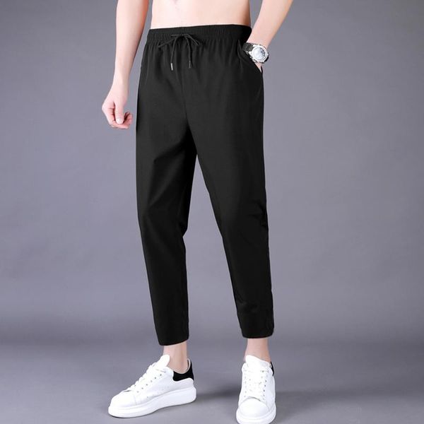 pants heren zomer dunne broek koreaanse trend negen rechte buis losse ijs zijde elastische joggingbroek voor jongens en najaar student, Black