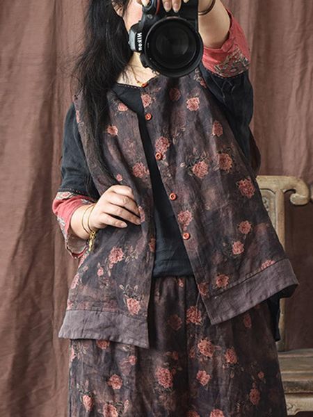 vests johnature women vintage print floral vests coats button sleeveless 2022 autumn new linen oneck chinese style vests, Black;white
vests johnature women vintage print floral vests coats button sleeveless 2022 autumn new linen oneck chinese style vests, Black;white