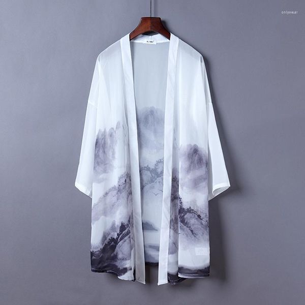 

Women's Blouses Summer See Through Chiffon Blouse Women Loose Japan Style Vintage Print Kimono Woman Long Cardigan Harajuku, White