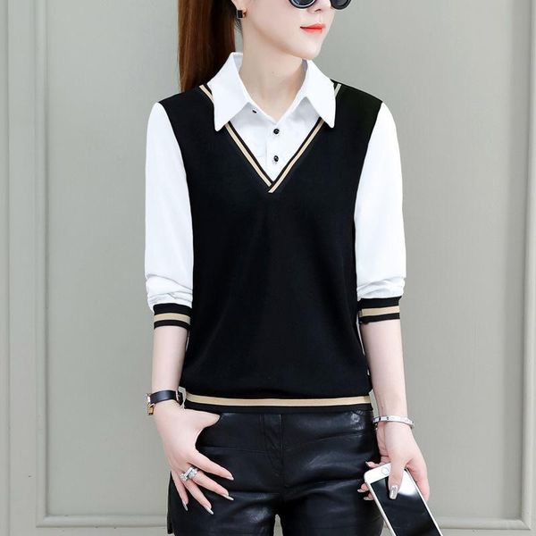 t-shirt longsleeved shirt ladies' new spring fashion fake twopiece bottoming shirt women's button plaid office blouse, White 
t-shirt longsleeved shirt ladies' new spring fashion fake twopiece bottoming shirt women's button plaid office blouse, White