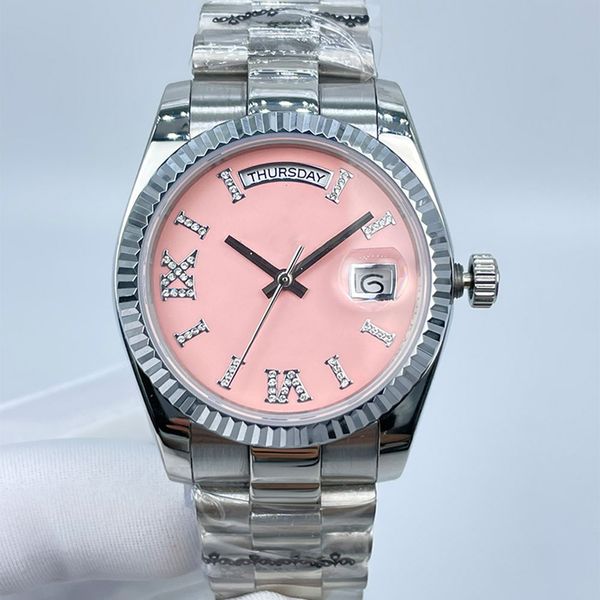 mens watch automatic mechanical 36mm full stainless steel women wristwatch sapphire weekly calendar roman diamond pink opal dial montre de l, Slivery;brown 
mens watch automatic mechanical 36mm full stainless steel women wristwatch sapphire weekly calendar roman diamond pink opal dial montre de l, Slivery;brown
