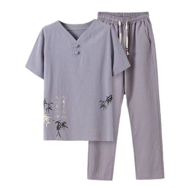 men s tracksuits summer middle aged men s cotton linen short sleeved t shirt father s summer clothing and elderly chinese 230421, Gray 
men s tracksuits summer middle aged men s cotton linen short sleeved t shirt father s summer clothing and elderly chinese 230421, Gray