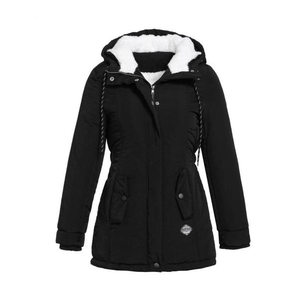 leather midlength plain parka winter women warm parkas hooded thick plush winter coats, Black