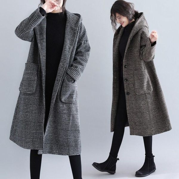 fur 2020 autumn winter new plaid woolen coat women femme fashion vintage loose singlebreasted hooded long outerwear female m165, Black
fur 2020 autumn winter new plaid woolen coat women femme fashion vintage loose singlebreasted hooded long outerwear female m165, Black