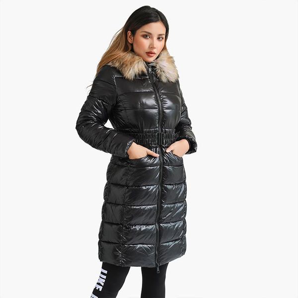 leather santelon winter long parkas for women thick warm coats fashion puffer jackets with fake fur hooded adjustable waist clothing, Black 
leather santelon winter long parkas for women thick warm coats fashion puffer jackets with fake fur hooded adjustable waist clothing, Black
