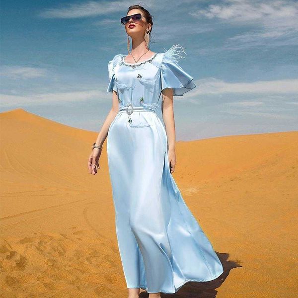 light blue satin ruffled feather dress hand sewing drill muslim style womens, Black;gray
light blue satin ruffled feather dress hand sewing drill muslim style womens, Black;gray