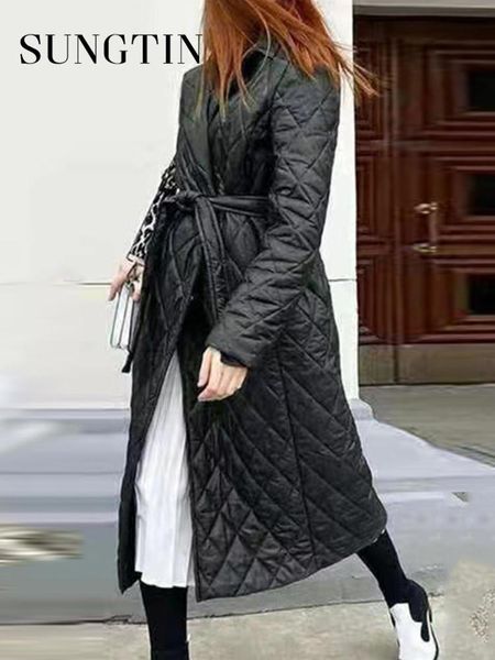 leather sungtin autumn winter long parka coat for women diamond plaid padded parkas jacket with belt elegant lapel collar female clothes, Black
leather sungtin autumn winter long parka coat for women diamond plaid padded parkas jacket with belt elegant lapel collar female clothes, Black