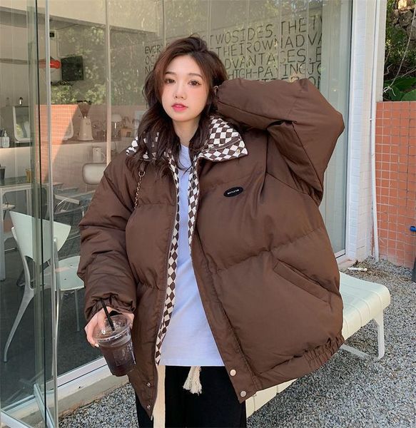 leather winter new checkerboard downpadded jacket women's loose plus sizestand collar short thickened bread jacket coat clothing, Black 
leather winter new checkerboard downpadded jacket women's loose plus sizestand collar short thickened bread jacket coat clothing, Black