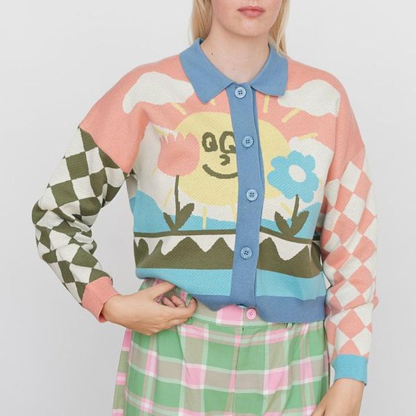 sweaters cartoon landscape jacquard knit cardigan contrast sleeve collared button up sweater lazy you are my sunshine cardi y2k aesthetic, White;black
sweaters cartoon landscape jacquard knit cardigan contrast sleeve collared button up sweater lazy you are my sunshine cardi y2k aesthetic, White;black