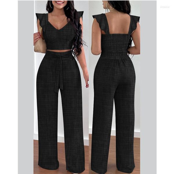 Women' Two Piece Pants Tracksuit Outfits Streetwear Women Elegant Fashion Ruffle Hem Shirred Crop Top Shirt & High Waist Straight Set, Black
Women' Two Piece Pants Tracksuit Outfits Streetwear Women Elegant Fashion Ruffle Hem Shirred Crop Top Shirt & High Waist Straight Set, Black