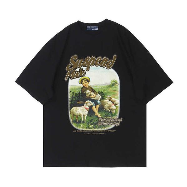 american style farmhouse sheep herding children's printed pure cotton short sleeved t-shirt for men and women loose oversize half sleev, White;black
american style farmhouse sheep herding children's printed pure cotton short sleeved t-shirt for men and women loose oversize half sleev, White;black