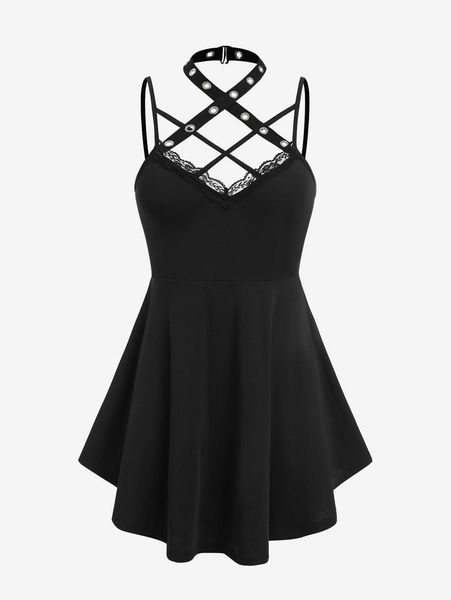 tanks rosegal punk grommets crisscross tank 5xl gothic ladies skirted vest sleeveless long camis 2022 new women's summer clothing, Black;white 
tanks rosegal punk grommets crisscross tank 5xl gothic ladies skirted vest sleeveless long camis 2022 new women's summer clothing, Black;white