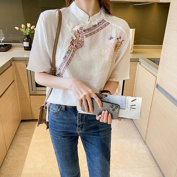 t-shirt chinese style blouses women summer short sleeve stand collar vintage buckle floral embroidery loose shirt female linen, White
t-shirt chinese style blouses women summer short sleeve stand collar vintage buckle floral embroidery loose shirt female linen, White