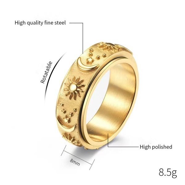 star moon sun titanium casting ring rotatable decompression ring hand jewelry, Silver
star moon sun titanium casting ring rotatable decompression ring hand jewelry, Silver