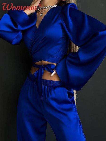 pants satin two piece sets womens outifits elegant vneck long flared sleeve lace up high waist pant female set fashion casual, White
pants satin two piece sets womens outifits elegant vneck long flared sleeve lace up high waist pant female set fashion casual, White