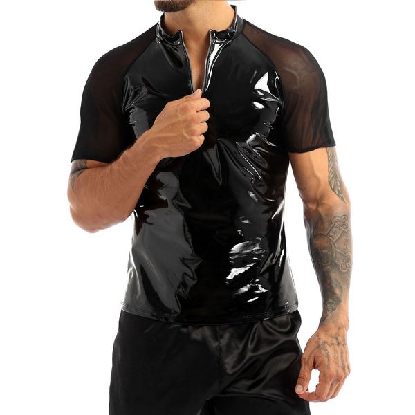 tracksuits mens wet look patent leather round neck sheer mesh short sleeves half front zipper tshirts clubwear, Gray
tracksuits mens wet look patent leather round neck sheer mesh short sleeves half front zipper tshirts clubwear, Gray