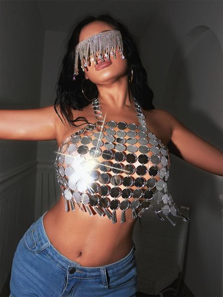 t-shirt halter acrylic sequins backless camis solid geometric circle patchwork fringe hollow out sleeveless cropped party camisole, White
t-shirt halter acrylic sequins backless camis solid geometric circle patchwork fringe hollow out sleeveless cropped party camisole, White