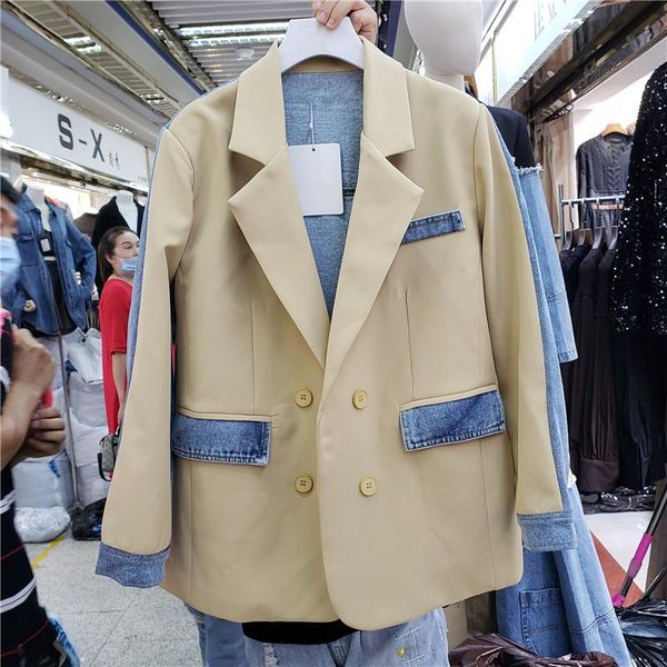 pants spring autumn black denim patchwork blazer jacket women double breasted long sleeve outerwear female jeans splicing suit coat, White
pants spring autumn black denim patchwork blazer jacket women double breasted long sleeve outerwear female jeans splicing suit coat, White