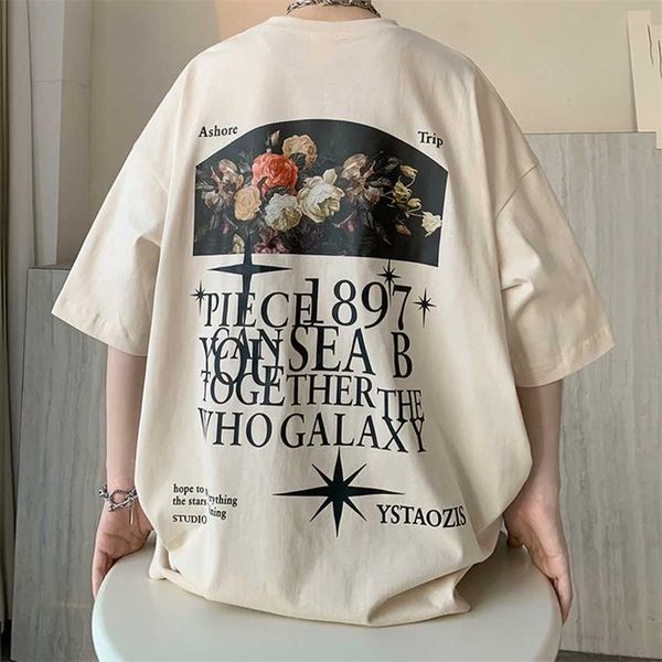 american short street men's summer fashion t-shirt oversize rose small neckline half sleeve, White;black
american short street men's summer fashion t-shirt oversize rose small neckline half sleeve, White;black
