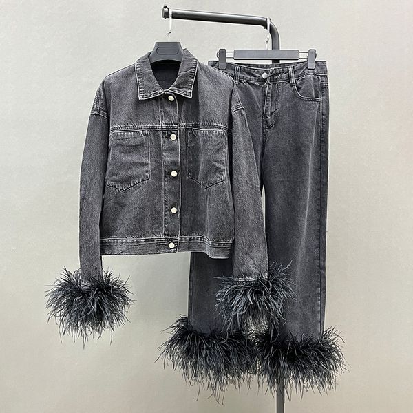 women's tracksuits 2023 lady's denim jacket trousers with real ostrich feathers lady fashion black pant s59 230421, Gray
women's tracksuits 2023 lady's denim jacket trousers with real ostrich feathers lady fashion black pant s59 230421, Gray