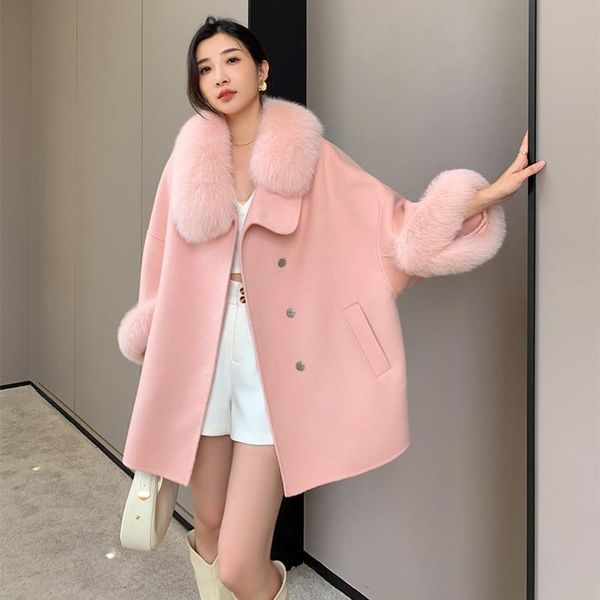 fur double sided woolen overcoat women's autumn and winter fox fur collar oversize coat medium long slim fit belt real fur jacket, Black
fur double sided woolen overcoat women's autumn and winter fox fur collar oversize coat medium long slim fit belt real fur jacket, Black