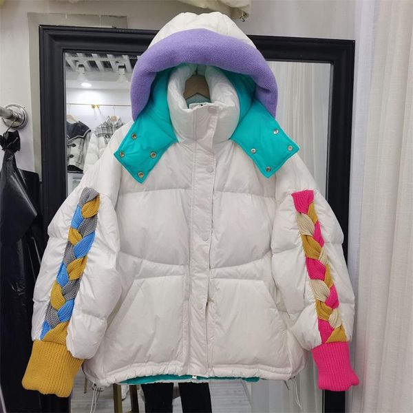 parkas winter hooded patchwork knitted sleeve women's short puffer jacket stand collar contrast color warm down parkas female outerwear, Black
parkas winter hooded patchwork knitted sleeve women's short puffer jacket stand collar contrast color warm down parkas female outerwear, Black