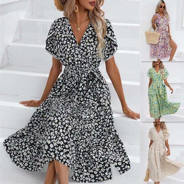 summer womens casual dresses v neck split short sleeve printed small floral dress, Black;gray
summer womens casual dresses v neck split short sleeve printed small floral dress, Black;gray