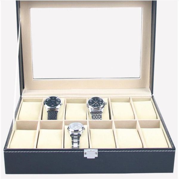 faux leather watch box display case organizer 12 slots jewelry storage box297d, Black;blue