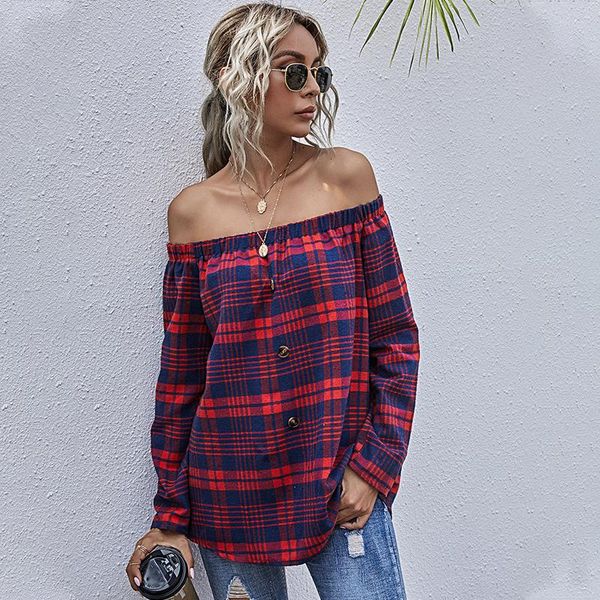 women's blouses women plaid shirt off shoulder long sleeve slash neck office ladies casual loose pullover shirts, White
women's blouses women plaid shirt off shoulder long sleeve slash neck office ladies casual loose pullover shirts, White