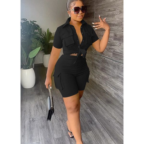 women's tracksuit's 2023 summer suit button tie pocket shirt short sleeve shorts fashion solid color two piece workwear streetwear, Gray
women's tracksuit's 2023 summer suit button tie pocket shirt short sleeve shorts fashion solid color two piece workwear streetwear, Gray