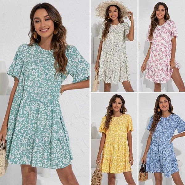 nuoxi summer dresses round neck floral ruffle sleeve loose dress 1860, Black;gray